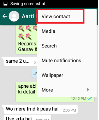 WhatsApp chat menu on Android with View contact highlighted