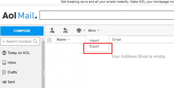 AOL Mail contacts with the More menu open and Export highlighted