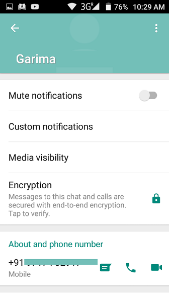 WhatsApp contact info screen with the About and phone number section