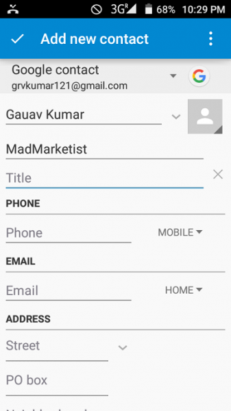 Android Add new contact form saving to a Google account, with name and company filled in