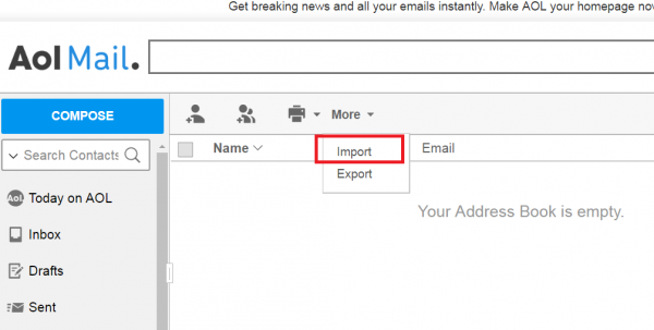 AOL Mail contacts with the More menu open and Import highlighted