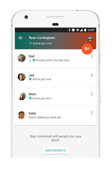 Trusted Contacts app listing contacts with their last activity under each name