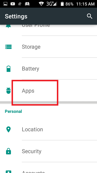 Android Settings with Apps highlighted