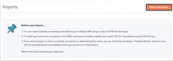 HubSpot Imports page with the Start a new import button