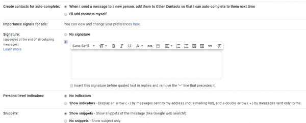 Gmail settings with the Signature editor and its formatting toolbar
