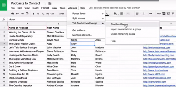 Google Sheets Add-ons menu with Yet Another Mail Merge and Start Mail Merge