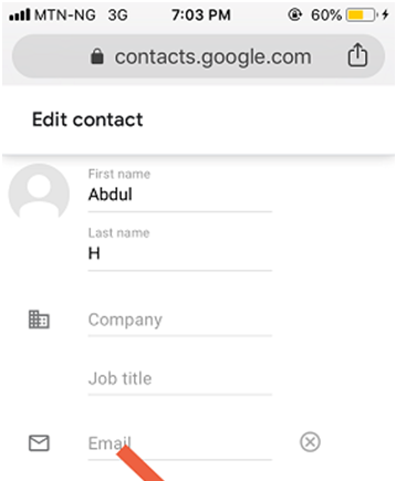 Google Contacts Edit contact form on mobile with name, company, job title and email fields