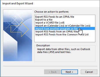 Outlook Import and Export Wizard with Import from another program or file selected