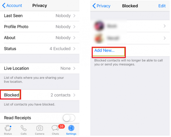 WhatsApp Privacy settings on iPhone with Blocked highlighted, then the blocked list with Add New