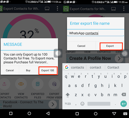 Free version limit with Export 100 highlighted, then the export file name dialog with Export highlighted