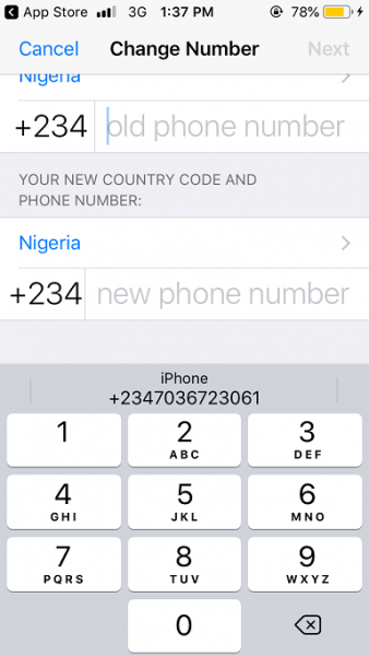 WhatsApp Change Number screen with fields for the old and new phone numbers