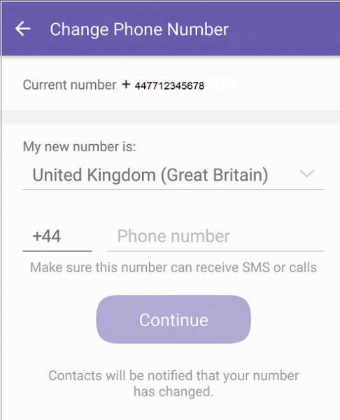 Viber Change Phone Number screen with the current number and a field for the new one