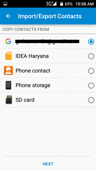 Android Import/Export Contacts screen choosing where to copy contacts from