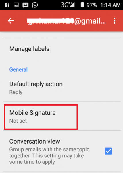 Gmail account settings on Android with Mobile Signature highlighted
