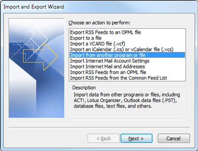 Outlook Import and Export Wizard with Import from another program or file selected