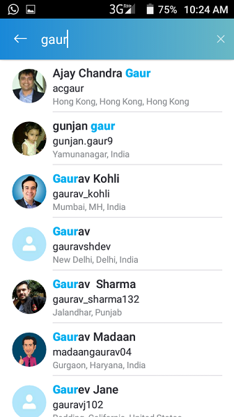 Skype contact search on Android listing matching people by name and username