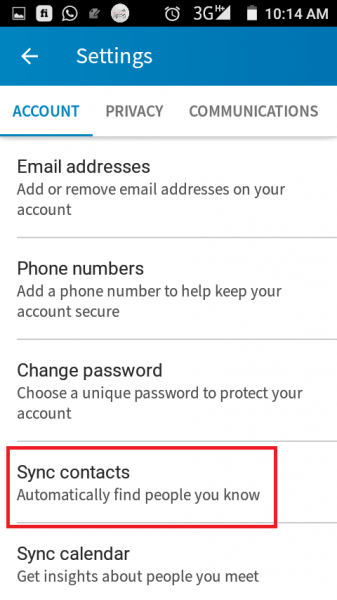 LinkedIn app Account settings with Sync contacts highlighted