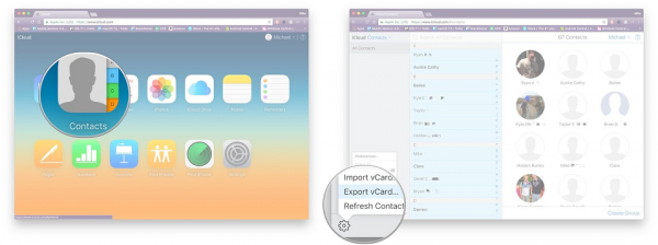 iCloud.com with the Contacts app magnified, then the gear menu with Export vCard