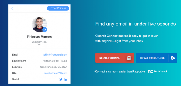 Clearbit Connect page with a contact profile and the Install for Gmail and Install for Outlook buttons