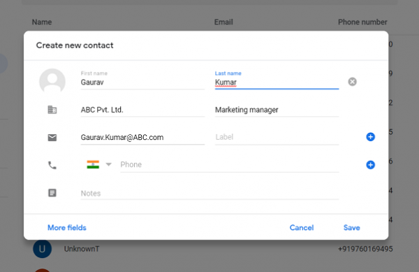 Google Contacts Create new contact form with name, company, job title and email filled in