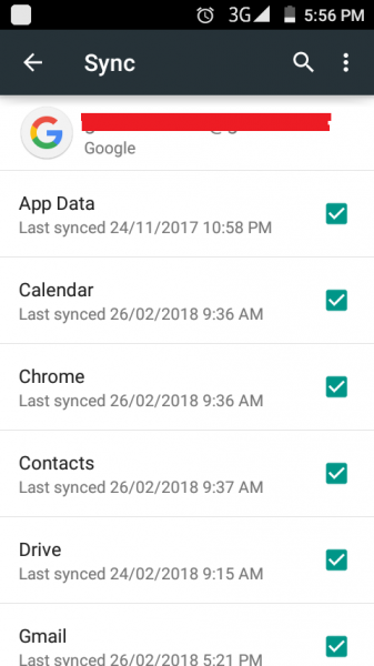 Android Google account Sync screen with Contacts and other data checked
