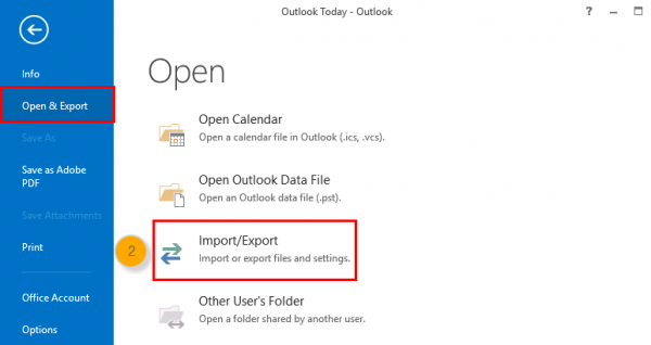 Outlook File menu with Open & Export and then Import/Export highlighted