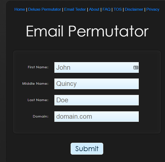 Email Permutator form with first, middle and last name and domain fields