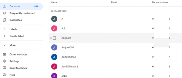 Google Contacts list showing every contact with name, email and phone number