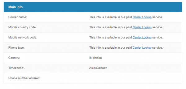 TextMagic Main Info results showing country and timezone, with phone type kept for the paid Carrier Lookup