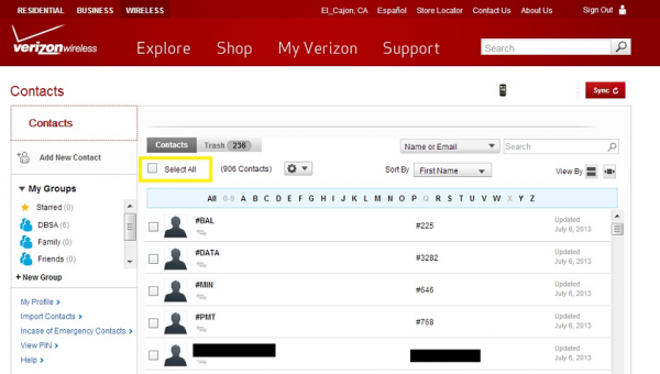 Verizon contacts online with the Select All checkbox highlighted