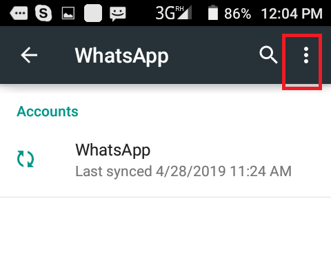 WhatsApp account sync screen on Android with the three-dot menu highlighted
