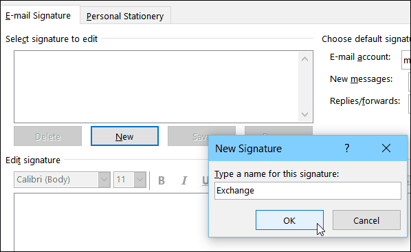 Outlook E-mail Signature editor with the New Signature dialog for naming the signature
