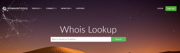 DomainTools Whois Lookup search box for a domain or IP address