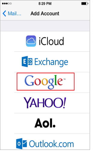 iPhone Add Account list with Google highlighted