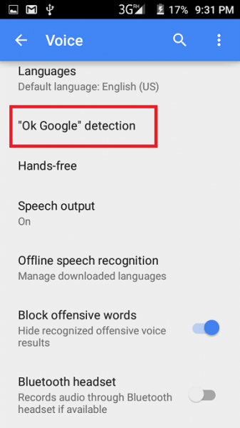 Google Voice settings with Ok Google detection highlighted