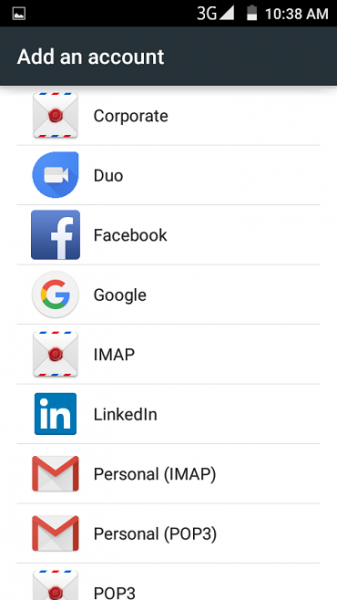 Android Add an account list with Google among the account types