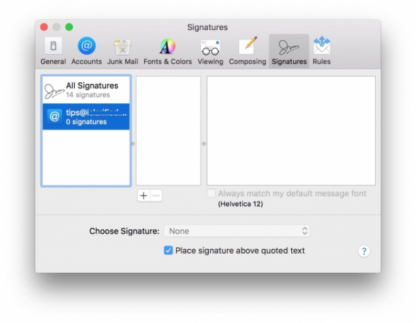 Mac Mail Signatures tab listing the email accounts and their signatures