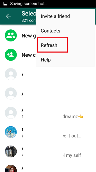WhatsApp contact list menu on Android with Refresh highlighted