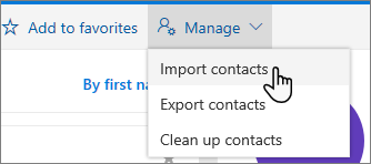 Outlook People Manage menu with Import contacts