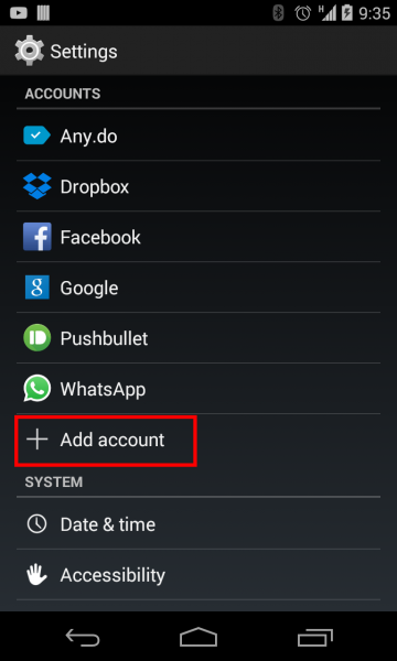 Android Settings accounts list with Add account highlighted