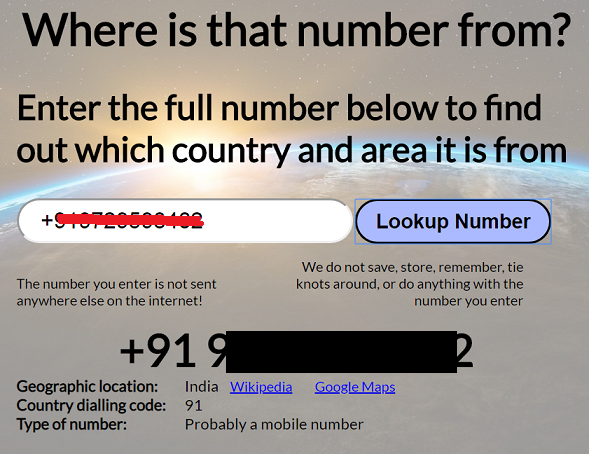 Where Is That Number From result for a +91 number: India, country code 91, probably a mobile number