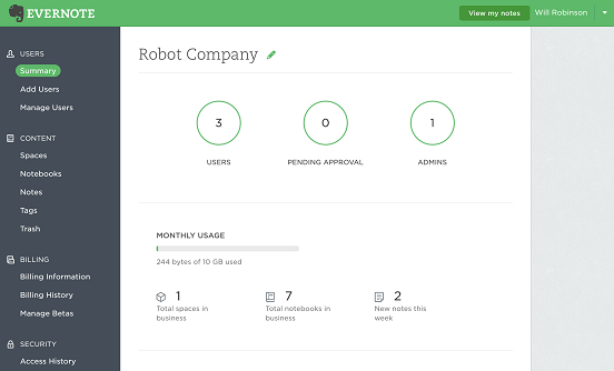 Evernote Business admin console summary page with users, spaces and notebooks