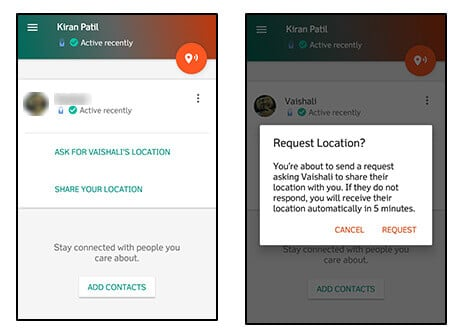 Trusted Contacts options to ask for a contact's location, then the Request Location confirmation