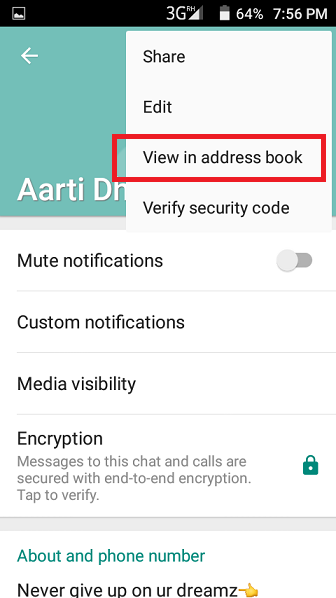 WhatsApp contact info menu on Android with View in address book highlighted