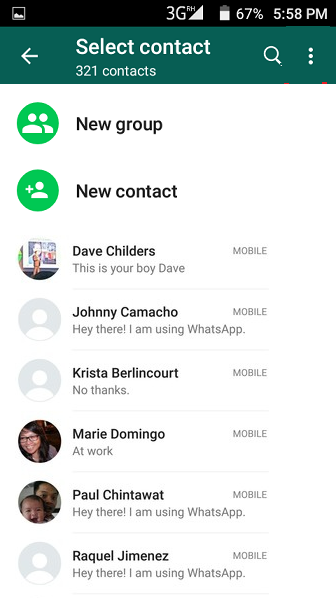 WhatsApp Select contact screen on Android listing the contacts who use WhatsApp