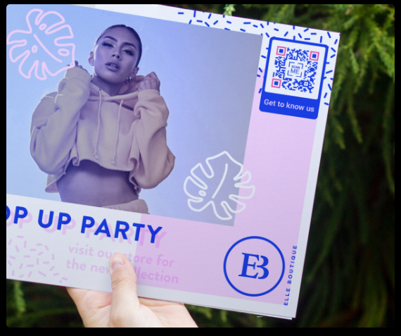 Pop-up party flyer with a QR code to get to know the store