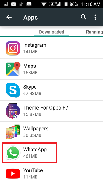 Android Apps list with WhatsApp highlighted