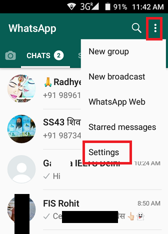 WhatsApp on Android with the three-dot menu open and Settings highlighted