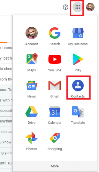 Google apps menu opened from the grid icon, with Contacts highlighted