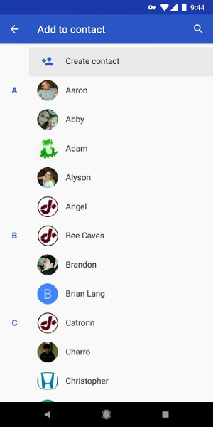 Android Add to contact screen with Create contact at the top of the contact list